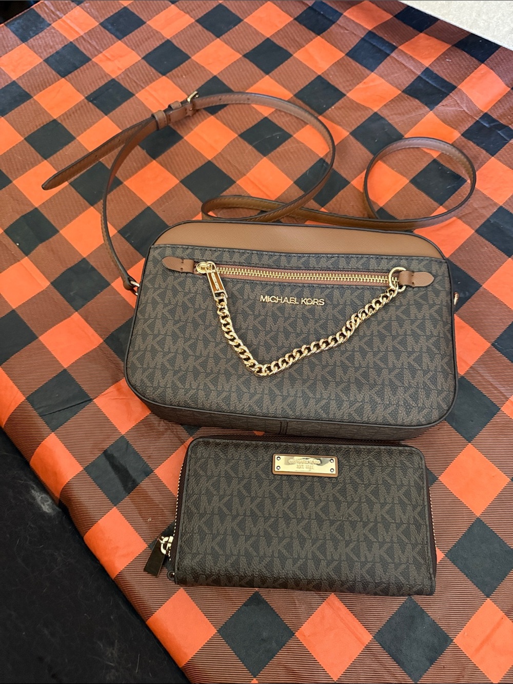 Michael Kors Brown Monogram Crossbody Bag with Matching Wallet